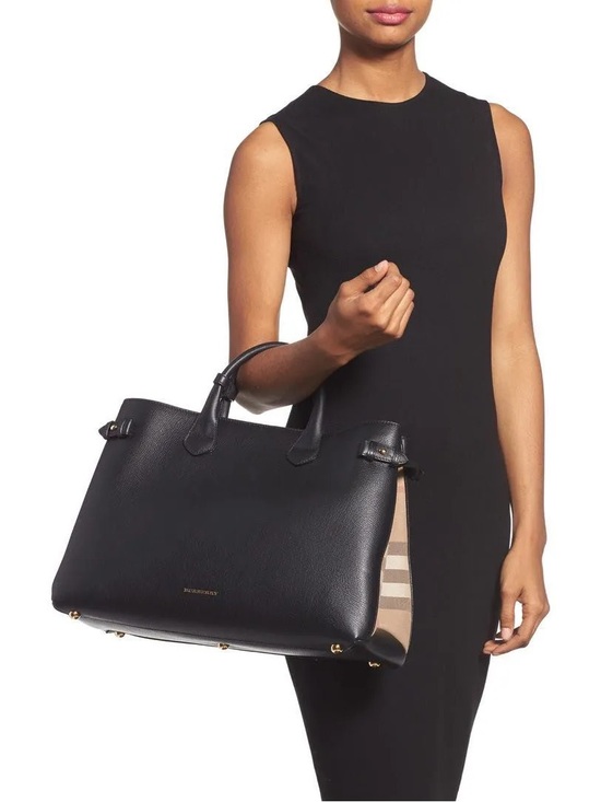 Burberry Handbags - BURBERRY Banner Large Black Leather House Check Tote Bag
